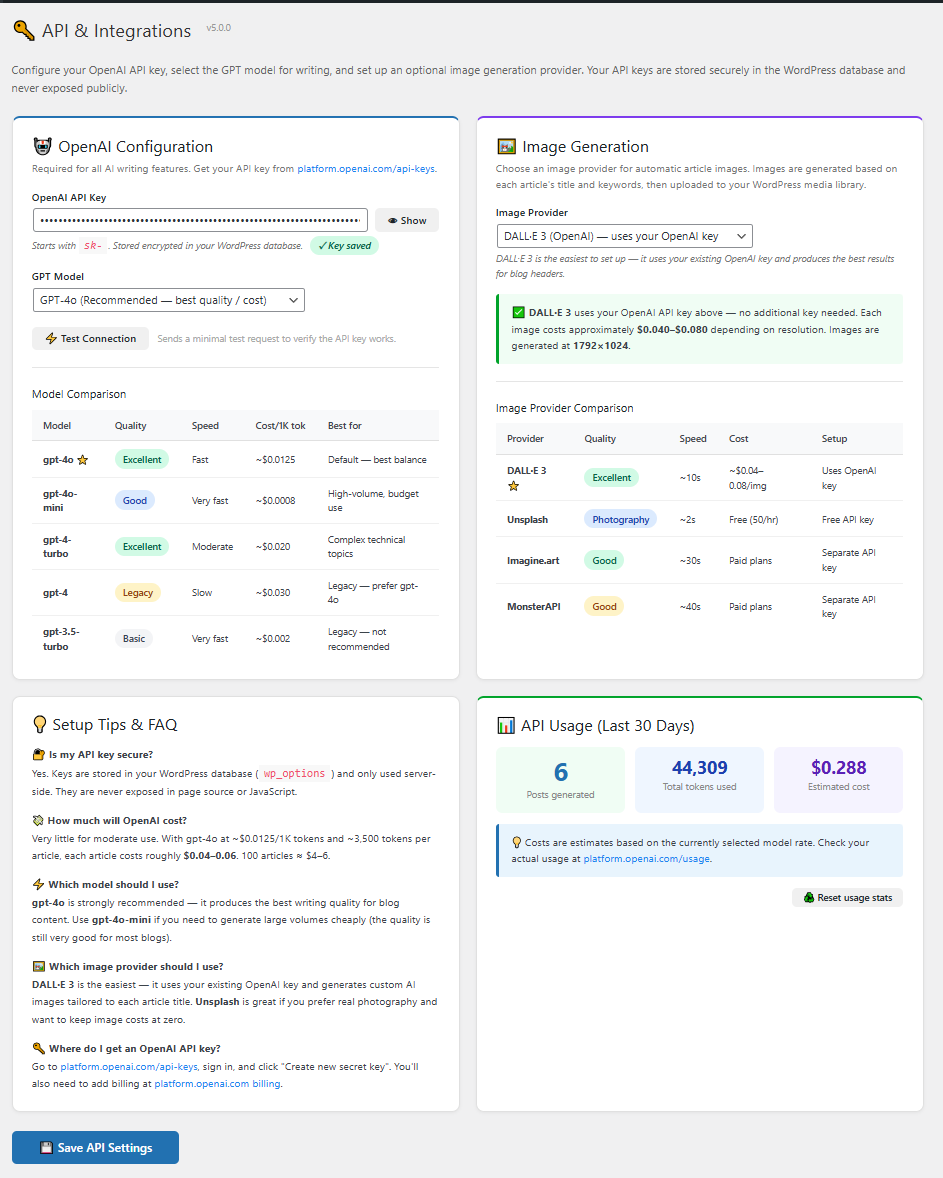 API Settings page in MrNiche Autoblogger Pro — OpenAI key field, model selector with GPT-5.4 Mini / Nano / 5.4 / 5.5 options, image-provider picker, and default-author dropdown.