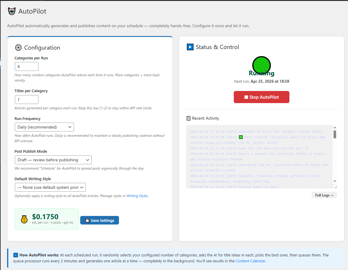 AutoPilot configuration screen — schedule cadence, source categories, publish mode toggle, and per-day article cap.