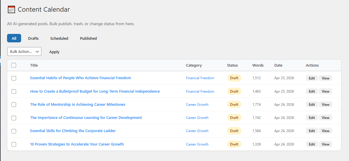 Content Calendar in MrNiche Autoblogger Pro — month view with scheduled articles plotted across days, drag-to-reschedule support.