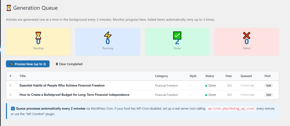Generation Queue in MrNiche Autoblogger Pro — table of pending, in-progress, and completed article jobs with status, attempts, and time taken.