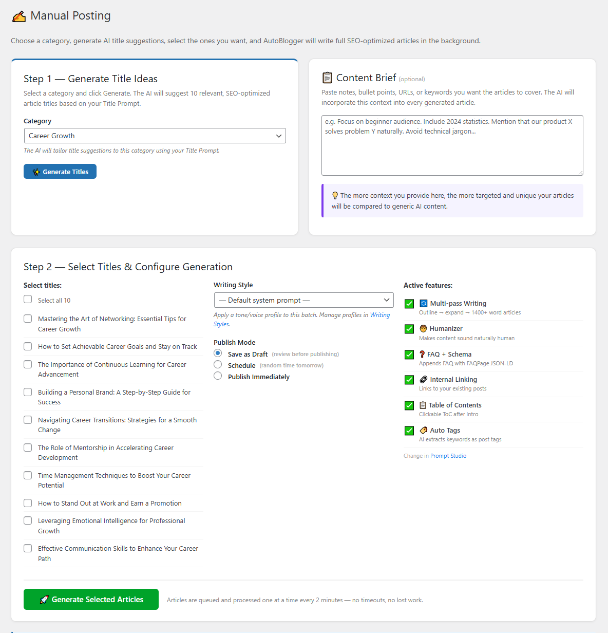 Manual Posting screen in MrNiche Autoblogger Pro — title input, category selector, writing-style dropdown, and Generate button.