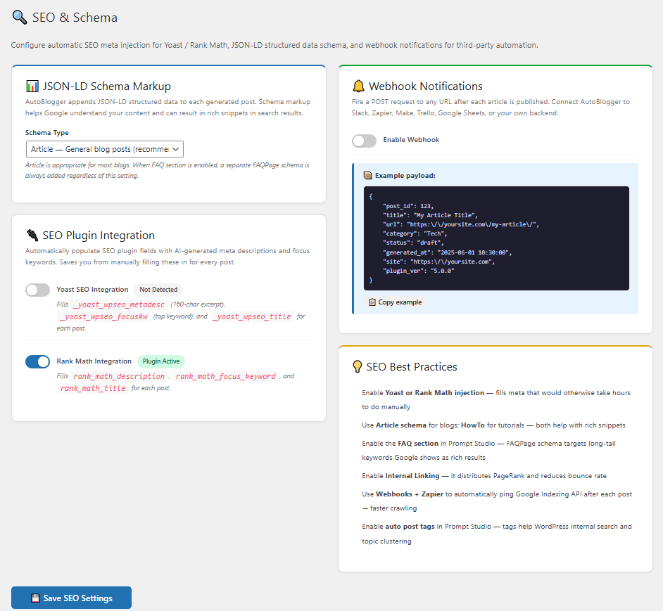 SEO & Schema settings panel — toggles for Yoast/Rank Math integration, FAQ generation, FAQPage schema, internal linking, table of contents, and webhooks.