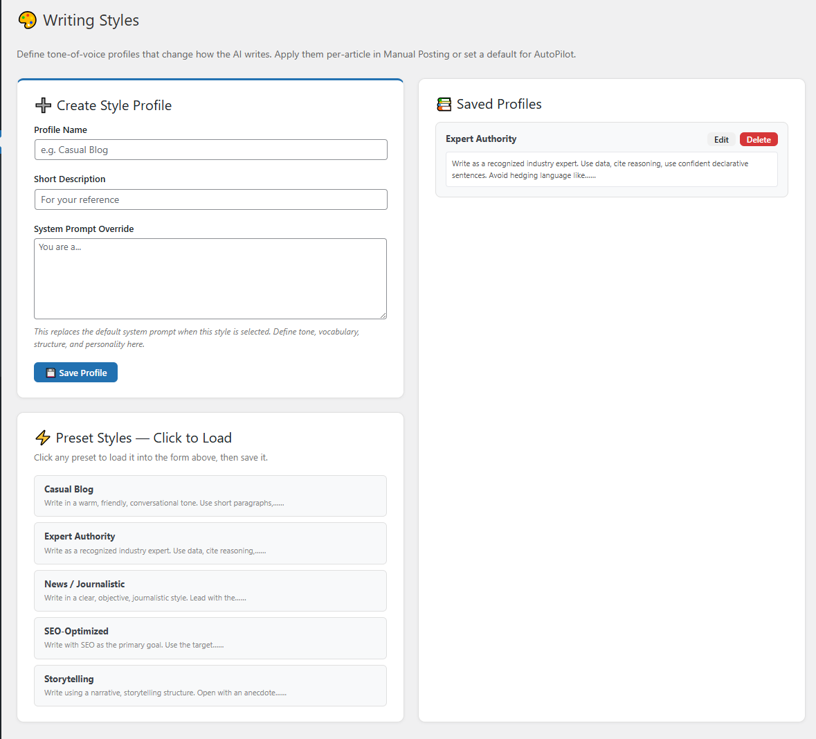 Writing Styles screen — list of saved style profiles with name, tone, audience, length target, and a sample-paragraph field.